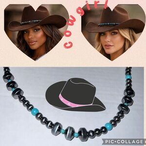 New Western Beaded Cowboy Hat Band | Faux Turquoise & Silver Tone | 48” Tie Wrap